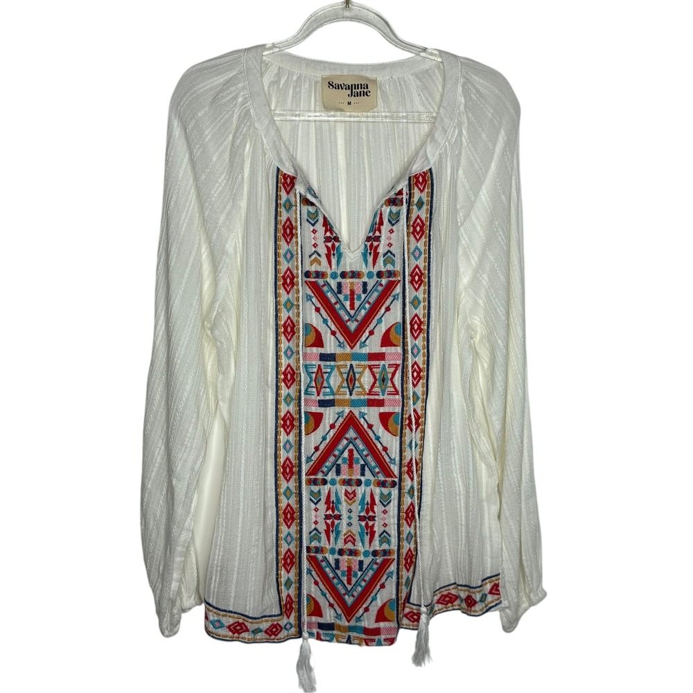Savanna Jane Women Medium Blouse White Boho Geometric Embroidered Tassel V-Neck